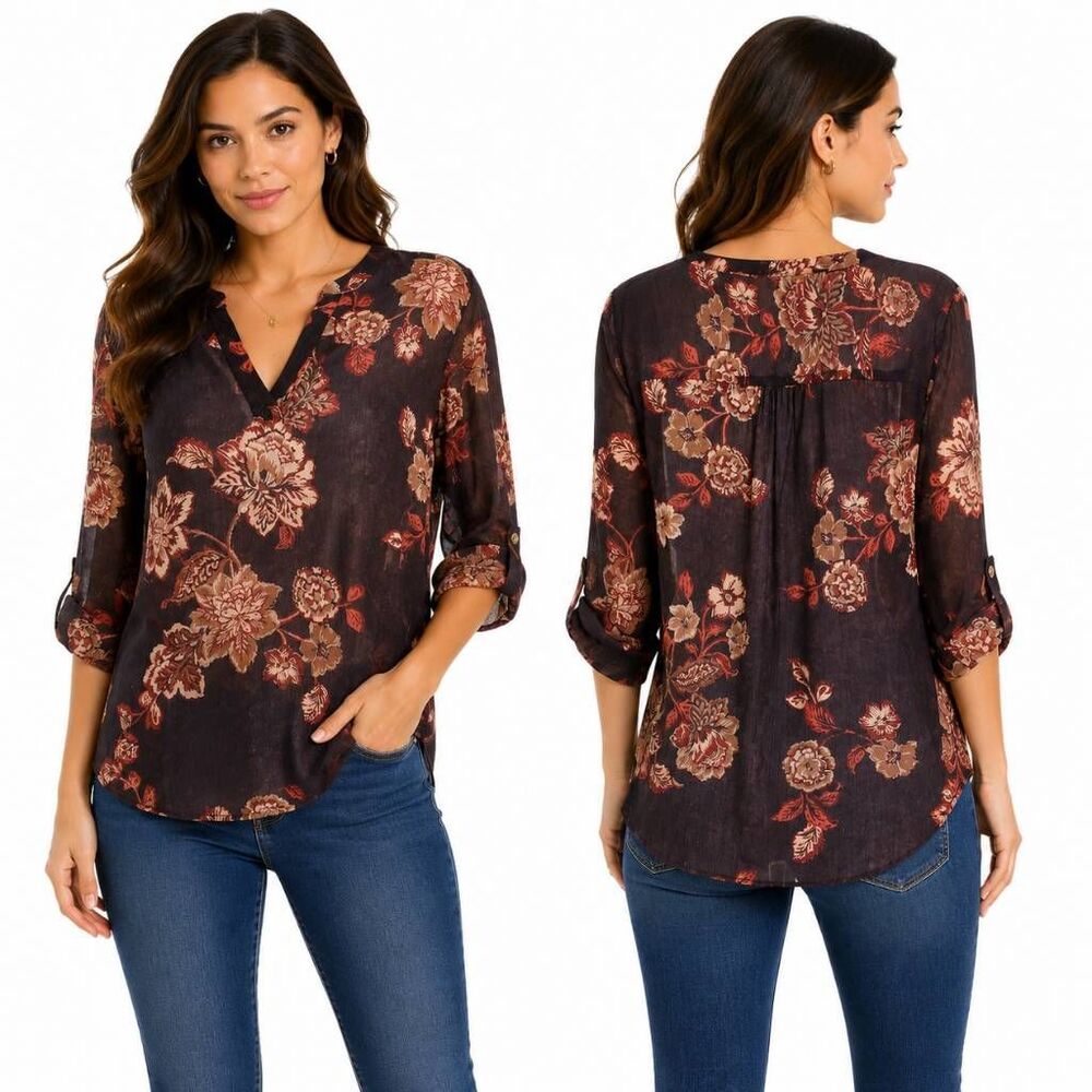 Maurices Dark Brown Floral V-Neck Roll-Sleeve Blouse